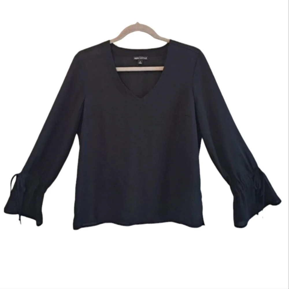 J. Crew Mercantile Sheer Black Tie Bell Sleeved Blouse V Neck Size 6